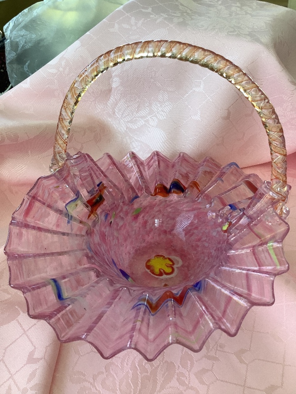 Vintage Art Glass Ruffled Edge Basket in Pink Swirl with Millfiore Accents